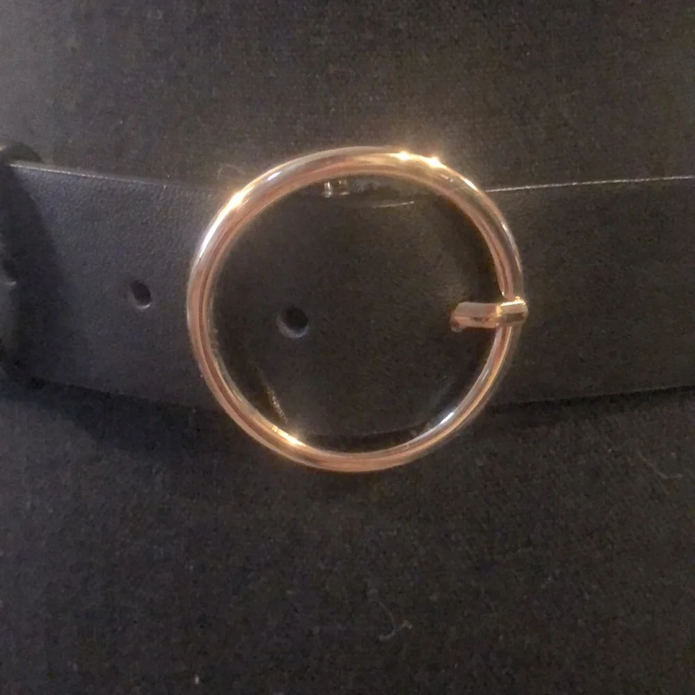 H & M FAUX LEATHER BELT DARK BROWN WITH GOLD TONE BUCKLE SIZE MEDIUM
